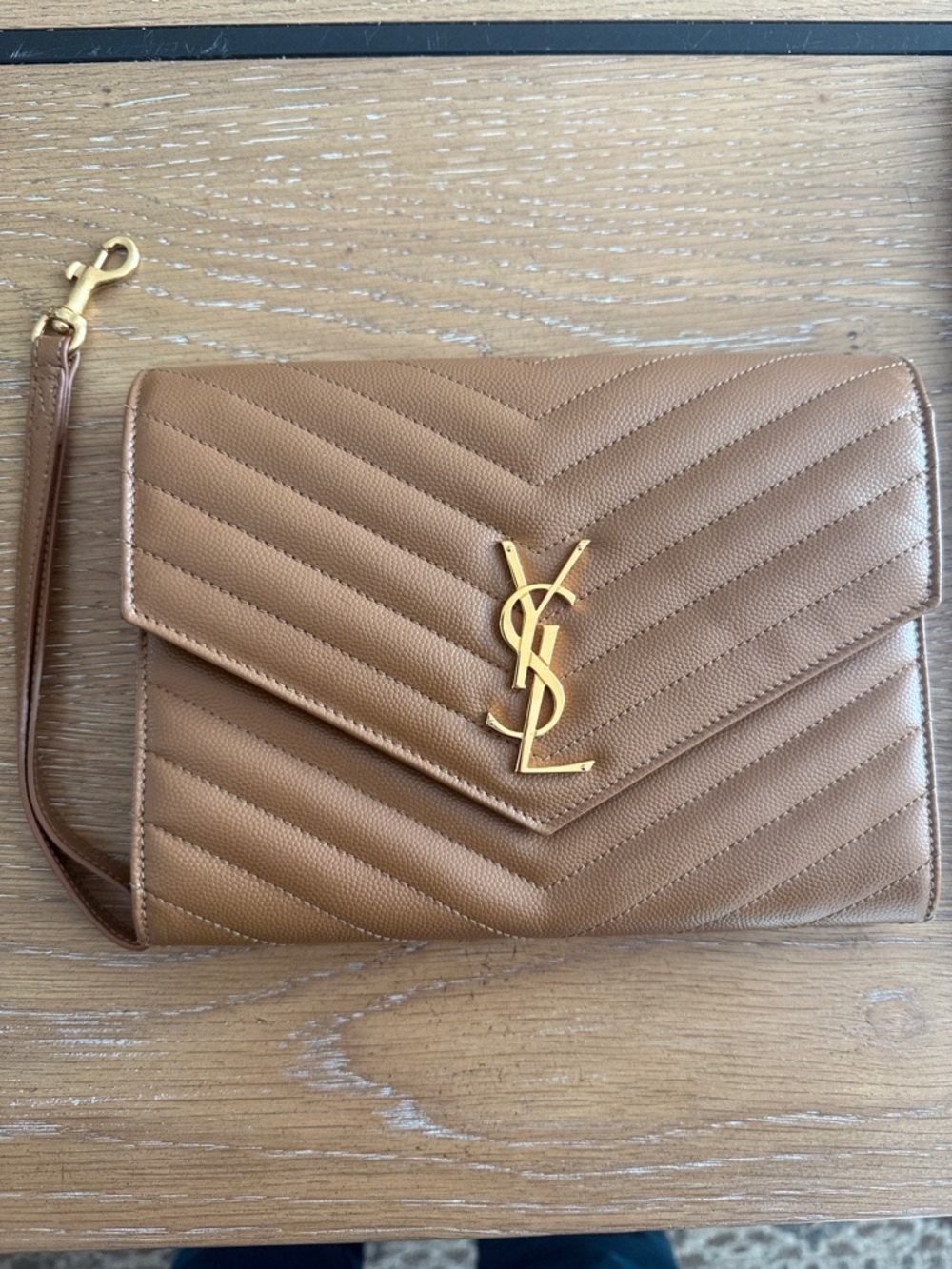 Saint Laurent Tan Quilted Leather Wristlet with Gold YSL Emblem